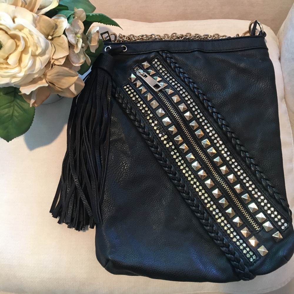 Lionel black leather crossbody bag with gold studs